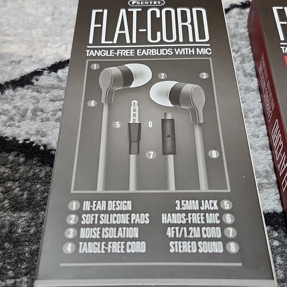 SENTRY FLAT-CORD TANGLE FREE EARBUDS WITH MIC IPHONE- ANDROID- TABLETS - Picture 3 of 7
